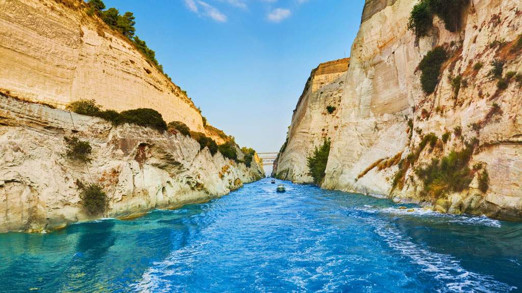 Boast sailing up Corinth Canal Greece