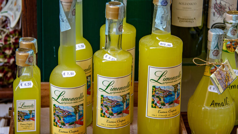 Limoncello Products Being Sold Along the Amalfi Coast. Limoncello products for sale in the town of Amalfi along the Amalfi Coast in Italy