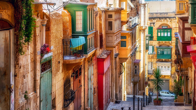 Sunny street in Valletta old town, Malta. Valletta, Malta