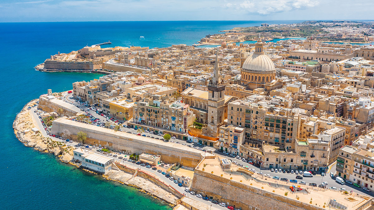 Aerial view of Lady of Mount Carmel church, St. Paul`s Cathedral in Valletta city, Malta.