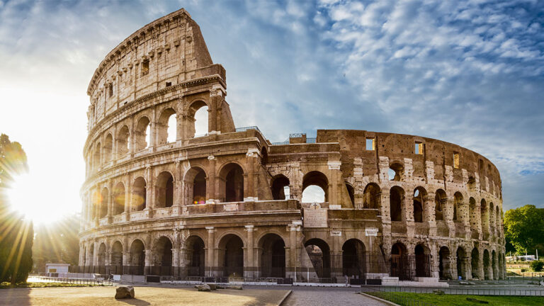 Colosseum in Rome and morning sun, Italy. Famous historic Colosseum in Rome and morning sun, old civilisation, Italy