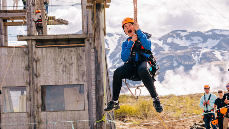 Person on Zip wire at Adrenalin Park Iceland
