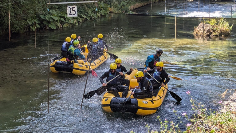 group rafting down the river