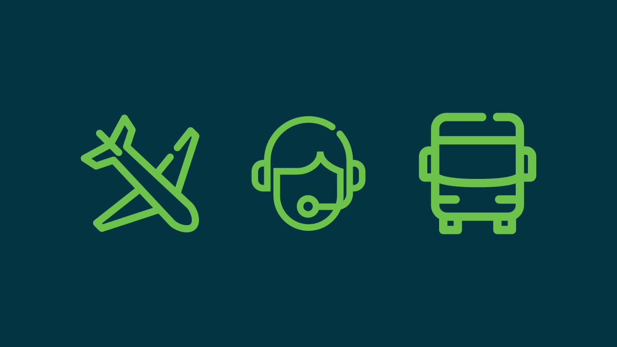 headset, plane and coach icons graphic