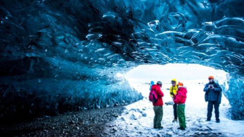 Group of people on a glacier cave tour in Iceland
