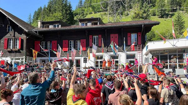 Scouts celebrating at KISC in Switzerland