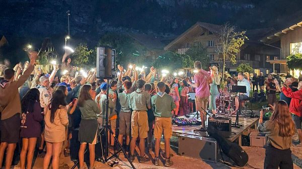 Scouts celebrating at KISC in Switzerland