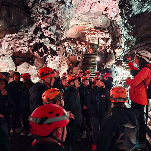 Scouts in the lava tunnel in Iceland