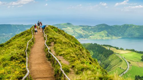 Miradouro da Boca do Inferno overlooking the lakes of Sete Cidades on the island of Sao Miguel in the Azores, Portugal