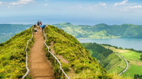 Miradouro da Boca do Inferno overlooking the lakes of Sete Cidades on the island of Sao Miguel in the Azores, Portugal